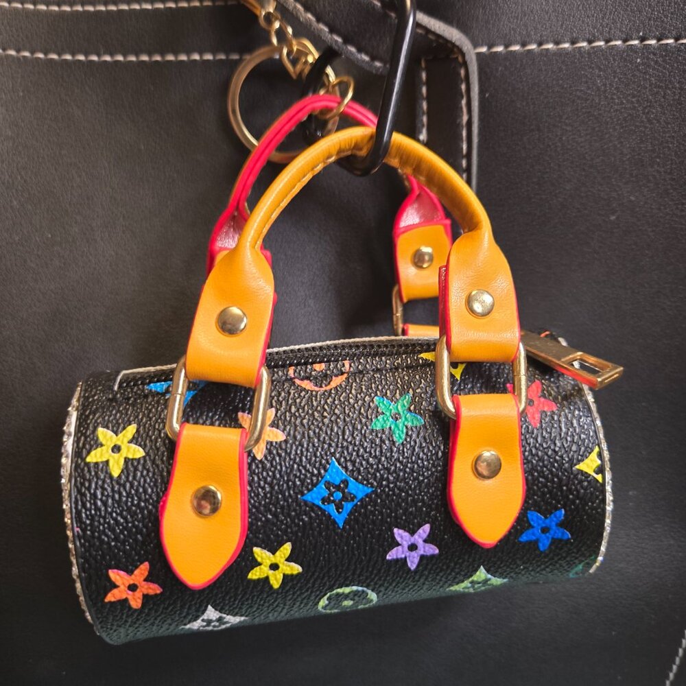 Multi-Color Flower Print on Black PU Cylinder -Bag Charm